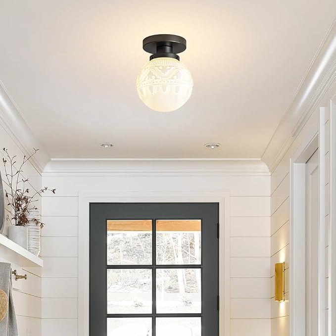 Daunton Semi Flush Mount Ceiling Light, Modern Globe Milk Glass Ceiling Light Fixture, Vintage Small Black Hallway Light Fixtures for Kitchen, Entryway, Bathroom, Closet