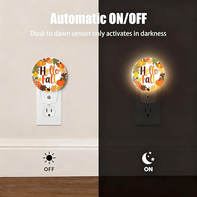 Mugod Hello Fall Plug-in Nightlights Autumn Leaves Maple Pumpkin Night Light Plug into Wall with Dusk-to-Dawn Sensor LED Lighting 0.5W Sleep-Friendly