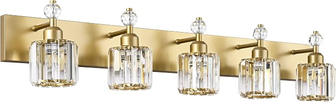PRESDE 5-Crystal Bathroom Vanity Light Modern Gold Bathroom Lights Fixtures Over Mirror Modern Bath Wall Lighting