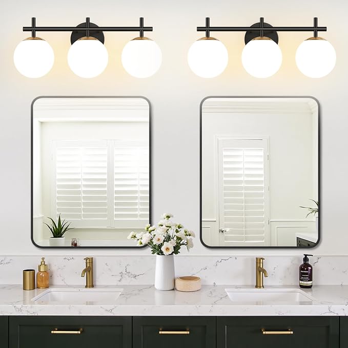 3-Light Bathroom Light Fixtures, Black and Gold Vanity Lights for Bathroom with Milky White Glass Shade, 18.9 inch Bathroom Lighting Fixtures Over Mirror, Compatible with G9 Bulbs (Bulb Not Included)
