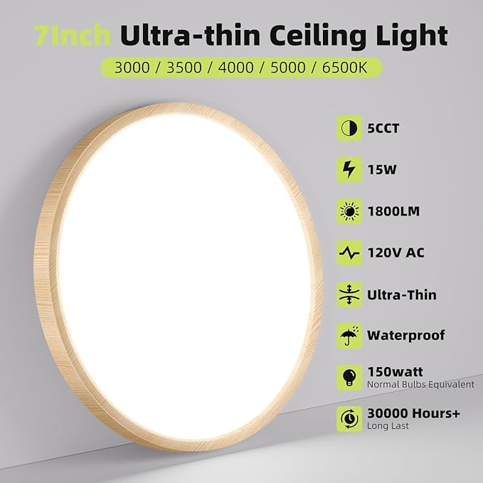 hepside 6PACK Flush Mount LED Ceiling Light Fixture 5CCT 7Inch 15W & 100W Equivalent Closet Light Fixture,Small Round Slim Surface Ceiling Lamp for Hallway,Bathroom,Bedroom,Kitchen,Interior