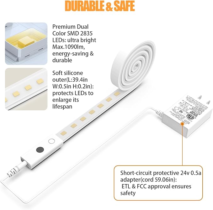 Smart Under Cabinet Lights, 40in Plug in Under Cabinet Lighting with Handwave Sensor, Bright Dimmable 5 Color Temp Stick on Closet Light, Slim Cuttable Under Counter Lights for Kitchen Desk Shelf