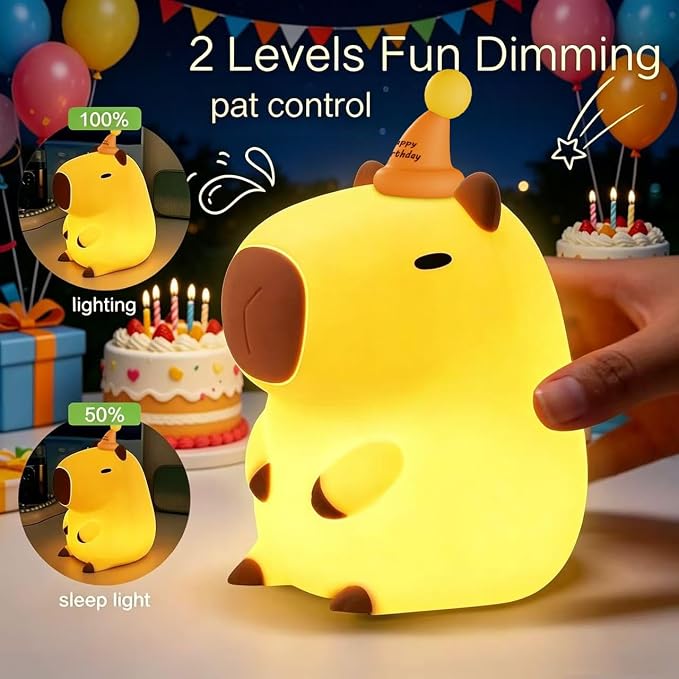 YR YRHH-PET Capybara Birthday Gifts Night Light, Squishy Cute Lamp, Fun Toy | Happy Birthday Hat Decorations, Rechargeable Dimmable Silicone Bedside Lamp, Kids Animal LED Touch Nightlight Capibara Stuff