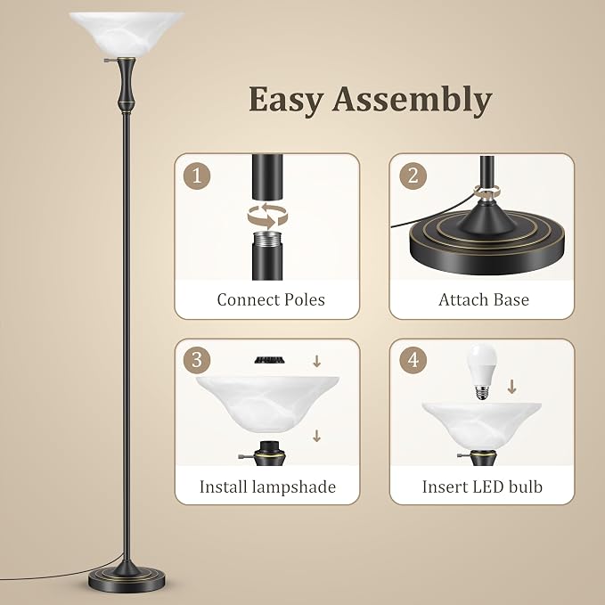 Dimmable LED Torchiere Floor Lamp with Glass Shade | Standing Lamp with Remote & Knob Switch, 3 Color Temperatures, 9W Bulb Included, 69.3" Tall for Living Room, Bedroom & Office