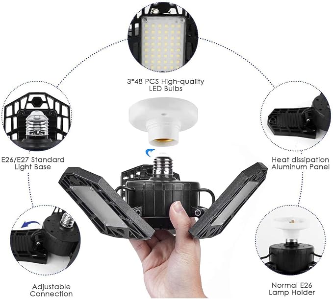LED Garage Lights 4 Pack - 6000 Lumen 6500K Daylight 60W, Three Leaf Led Garage Ceiling Lights