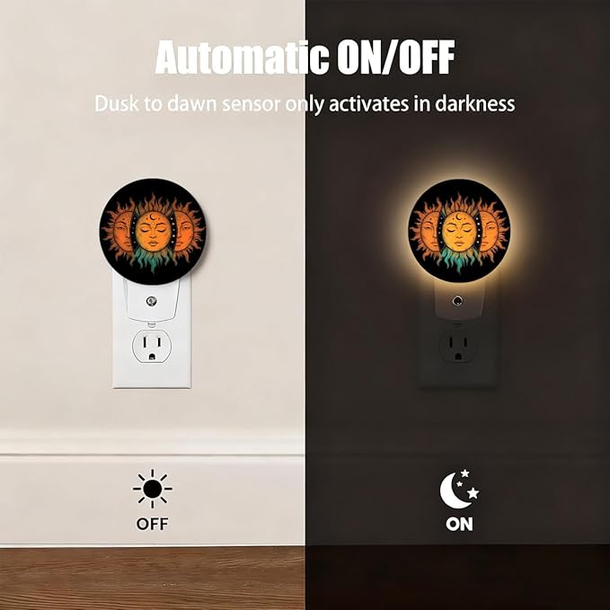 Plug-in Mystical Celestial Suns Art Night Light Sun Faces with Moon and Stars Nightlight with Dusk to Dawn Sensor, Auto On/Off 0.5W Energy-Saving LED Lighting Sleep Friendly