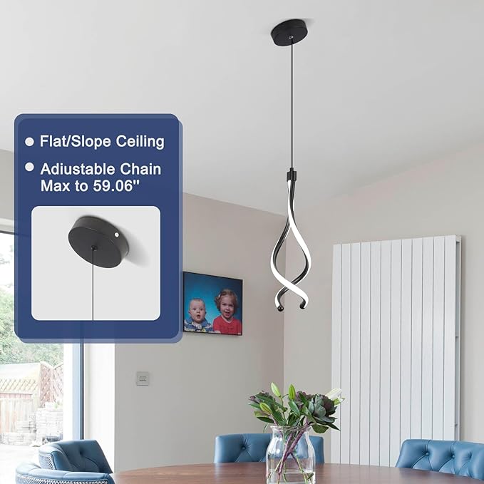 Spiral Led Pendant Lights 14W White 6000K Modern LED Pendant Light Fixture for Kitchen Island Stylish Black Chandelier for Kitchen Dining Room Bedroom Living Room Corridor Stairs