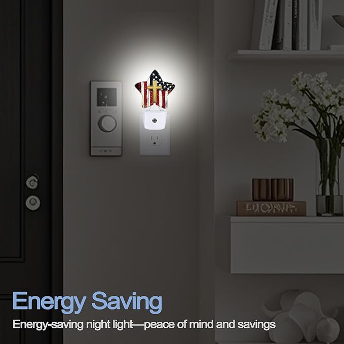 Night Light,American Flag Cross Plug into Wall with Dusk to Dawn Light Sensors,Vintage Warm Star Nightlights for Bedroom,Bathroom,Hallway,Kitchen Home Decor Desk Lamp