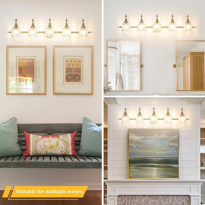 Brushed Antigue Brass Bathroom Light Fixtures, 5 Lights Vanity Light with Flower Glass Shade, Bathroom Vanity Light Over Mirror, Vintage Sconces Wall Lighting for Hallway Livingroom Bedroom