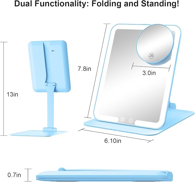 Gospire Travel Makeup Mirror with 3 Lights and Magnification 10X, Blue | Compact foldable LED mirror with smart auto sensor, Adjustable Stand, Dimmable, 2000mAh Rechargeable Lighted Vanity Mirror
