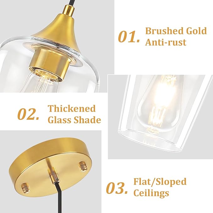 3-Pack Modern Pendant Lights Kitchen Island Brushed Gold Glass Pendant Lighting Over Island Kitchen Hanging Light Fixtures Adjustable Pendant Lights for Dining Room Bathroom Bedroom