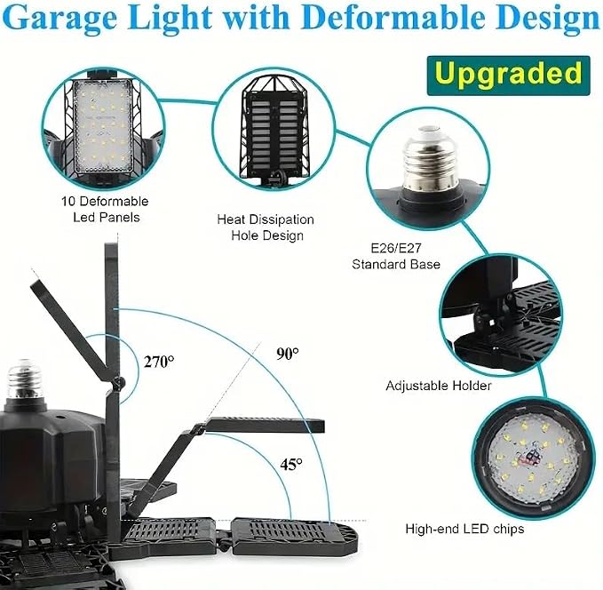 2 Packs LED Garage Light, Super Bright Screw in E26/E27 Ceiling Shop Work Lamp, 260W 26000 Lumen Deformable Basement Bulb Fixture with 10+1 Adjustable Panels, Lighting for Workshop, Attic