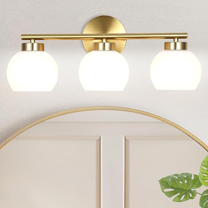 3 Light Bathroom Vanity Light, 20" Brushed Gold Bathroom Light Fixtures Over Mirror with Milky White Glass Globe Shade, Mid Century Modern Brass Wall Sconces, E26 Socket