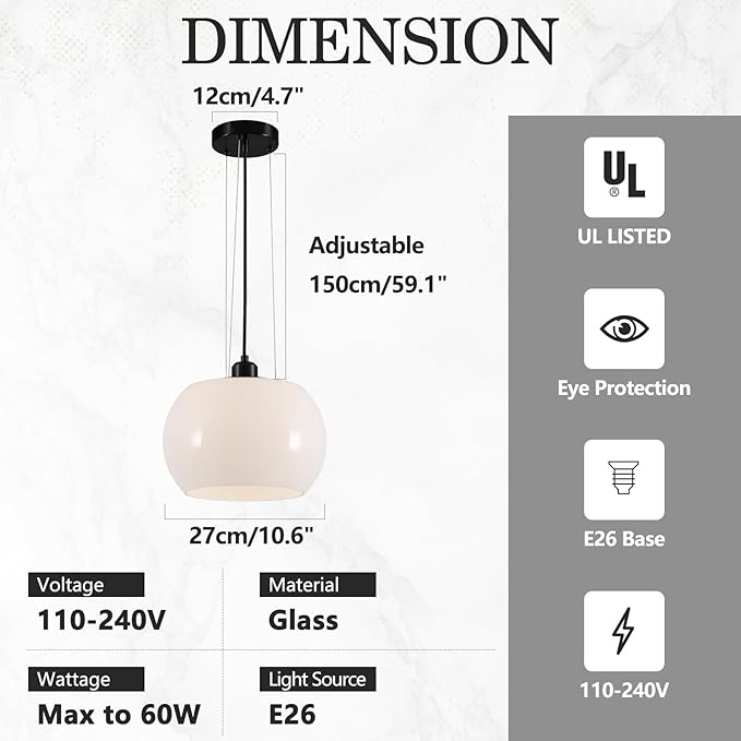 BOKT Modern Large Globe Pendant Light Black White Dome Glass Pendant Lighting Mid Century Farmhouse Kitchen Island Hanging Light Fixture Dining Room Ceiling Hanging Lamp