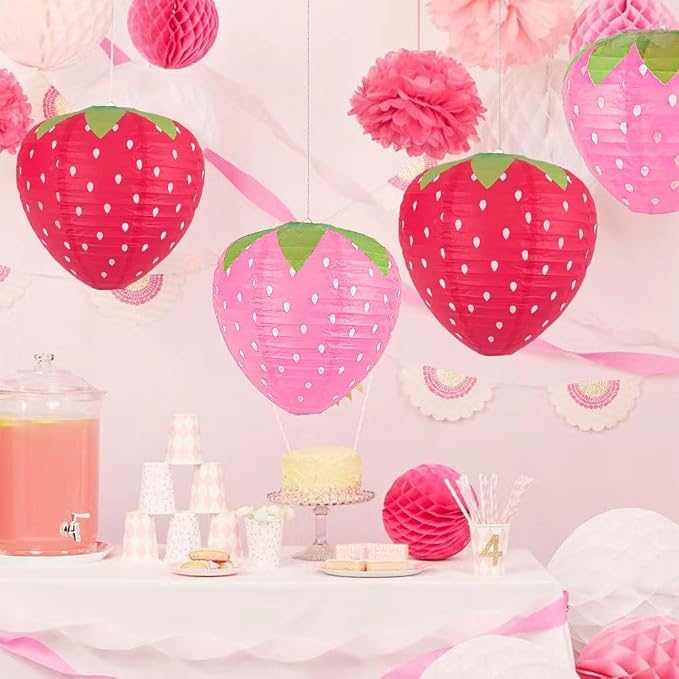 Strawberry Paper Lanterns - 8PCS Hanging Decorations for Room, Birthday Party, Wedding, Garden - 8 Inch, Red and Pink