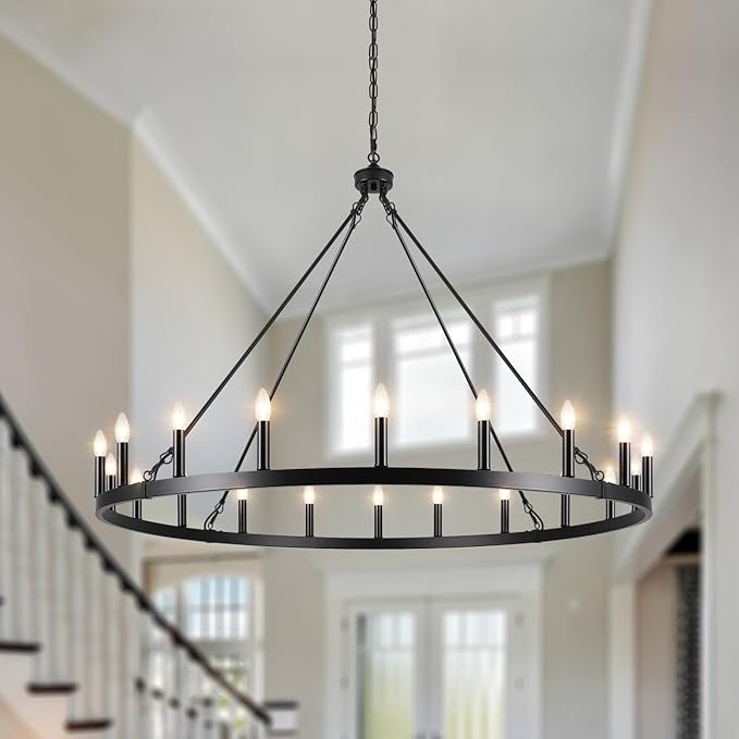 LASENCHOO Black Wagon Wheel Chandelier 20 Lights Dia 48" Farmhouse Chandeliers for Dining Room Light Fixture, Round Rustic Chandelier for Entryway Living Room, Large Chandeliers for High Ceilings