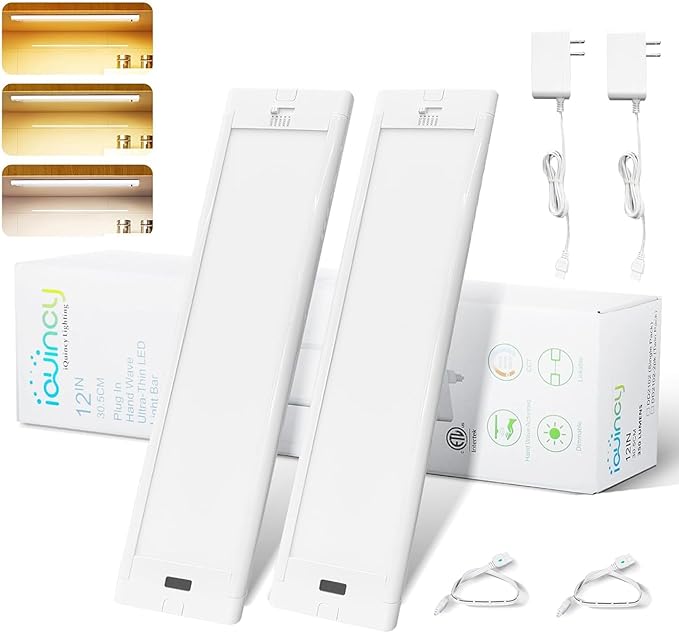 12 Inch Under Cabinet Lights 2 Packs High Brightness Easy Install Plug in, Hand Wave Activated LED Under Counter Lights for Kitchen bookshelf 5CCT&Stepless Dimmable Closet motion Light（12*2）