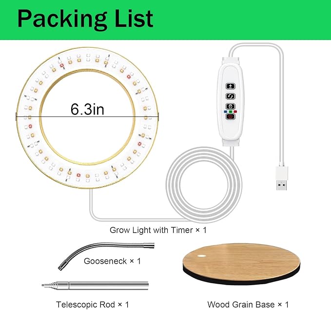 Grow Lights for Indoor Plants Full Spectrum, Desk LED Plant Light with Faux Wood Grain, 12"-43" Height Adjustable, Auto On/Off Timer 3/9/12H, 3 Modes 10 Dimmable Levels for Succulents, Herbs