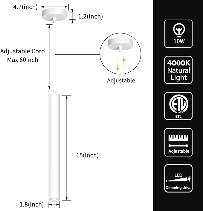 Modern Pendant Lights 4000K White LED Dimmable Pendant Light Fixtures Pendant Lighting for Kitchen Island,Bar,Bedroom, 15.7inch, 10W, ETL, 3Pack