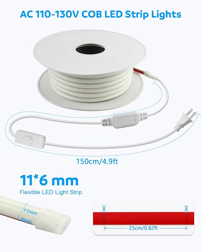 Aclorol 120V COB LED Strip Lights Warm White 3000K Flexible LED Lights 50FT | Outdoor Rope Lights Waterproof IP67, with ON-OFF Switch and Self-Adhesive, for Bedroom Backyard Patio Commercial Decoration