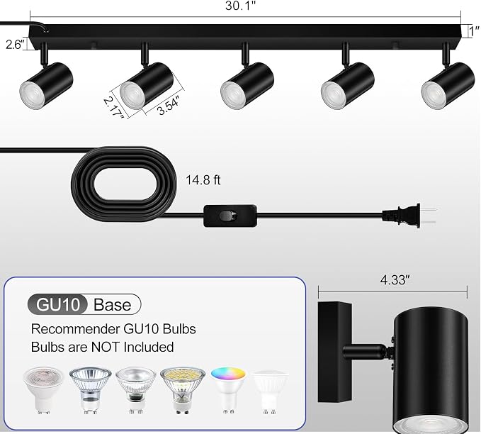 Plug in Track Lighting, LED Track Light Kit, Black 5-Light Track Lights for Kitchen, 15 FT Cord,30" Large Ceiling Spotlight, Rotatable Wall Mount Light Head for Bedroom Hallway Living Room