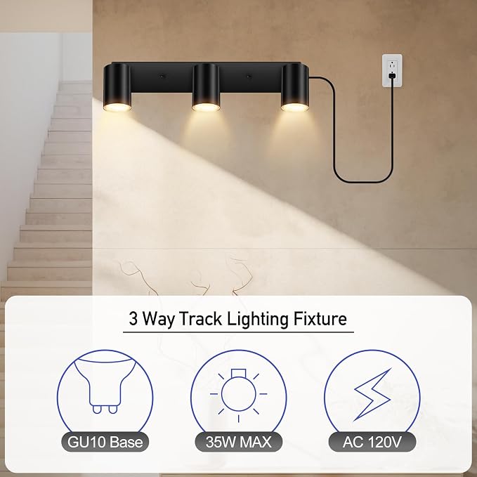 LED Track Lighting Ceiling Fixtures, Black 3-Light Plug in Track Lights for Kitchen, 3 Way Ceiling Spotlight, 15 FT Cord,Flexibly Rotatable Wall Mount Light Head for Bedroom Hallway