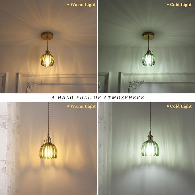 Pendant Light 2 Pack with Green Tulip Glass Lmapshade, Brass Vintage Pendant Light Adjustable Hanging Light for Kitchen Island Dining Room Hallway