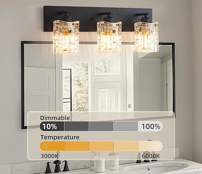 3 Lights Matte Black Crystal Bathroom Vanity Light,Modern Bathroom Wall Light,Crystal Over Mirror Light Fixtures for Living Room, Bedroom, Hallway