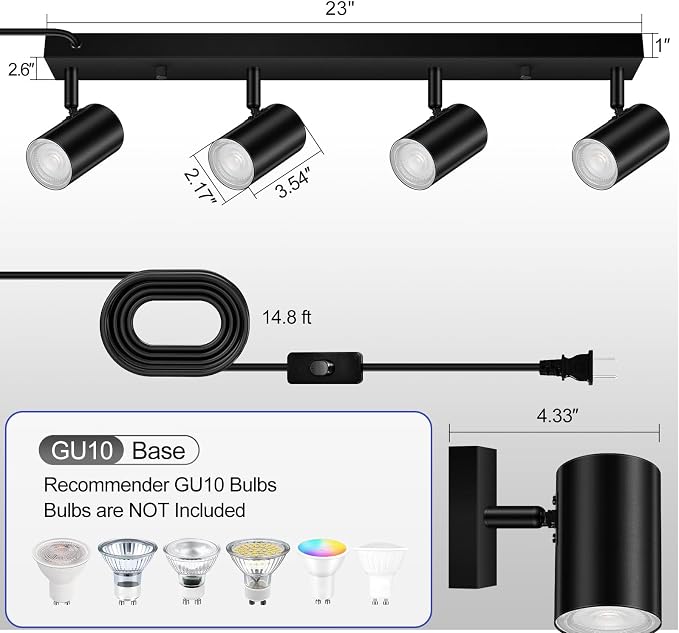 Plug in Track Lighting, LED Track Light Kit, Black 4-Light Track Lights for Kitchen, 15 FT Cord,23" Ceiling Spotlight, Rotatable Wall Mount Light Head for Bedroom Hallway Living Room