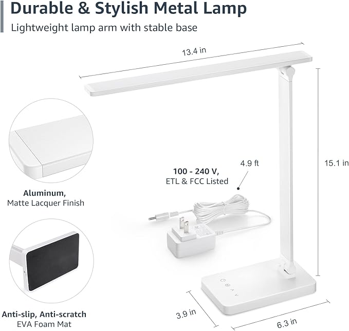 Lepro LED Desk Lamp with USB Charging Port for Dorm Room, 700LM 9.5W, White | Dimmable Table Lamp, 5 Colors 5 Brightness, Eye Caring Task Light for Home Office, Sewing, Crafting, Reading, Nail, Drafts