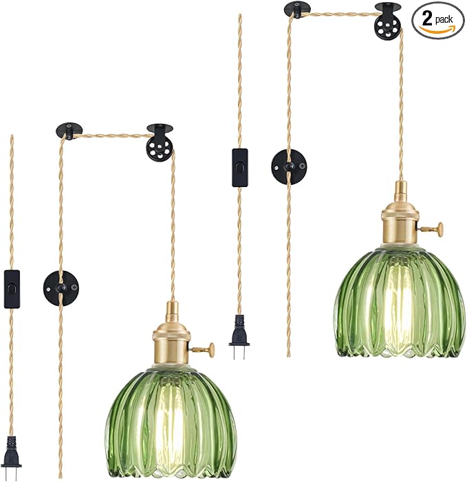 2 Pack Plug in Pendant Light Fixtures, Hanging Light Fixture Vintage Glass Pendant Light, Mini Green Tulip Hanging Lamp, Pendant Lighting for Kitchen Island, Bedroom, Dining Room, Living Room