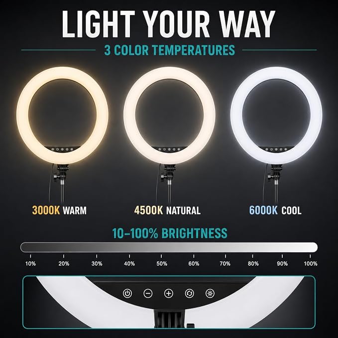 18" LED Ring Light with Tripod Stand, Professional Dimmable Ring Light Kit | 3000K-6000K Color Temperature & Brightness, for Makeup, Photography, Video Recording, Live Streaming, TikTok & YouTube