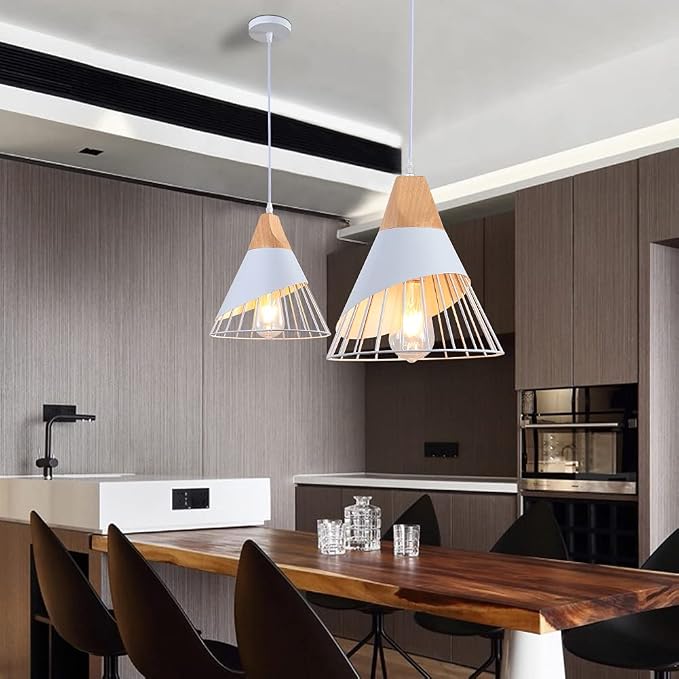 White Pendant Lights Kitchen Island,White Pendant Lights Farmhouse,Adjustable Wood Hanging Light Fixture,Industrial Pendant Lighting for Dining Room,Living Room,Bedroom,Hallway,Kitchen,Bar