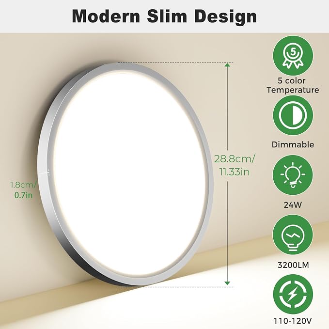 zemty 2Pack 15" LED Flush Mount Ceiling Light, 30W Dimmable, 5CCT (3000K–6500K) Brushed Nickel Round Fixture | Bright Low-Profile Lighting for Kitchen, Hallway, Bathroom, Living Room