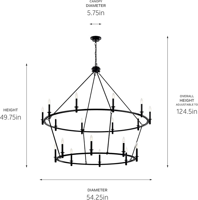 KICHLER Carrick 18-Light 2-Tier Chandelier, Updated Traditional Light in Black, Sloped Ceiling Compatible, for Grand Foyer or Great Room (49.75" x 54.25"), 52708BK