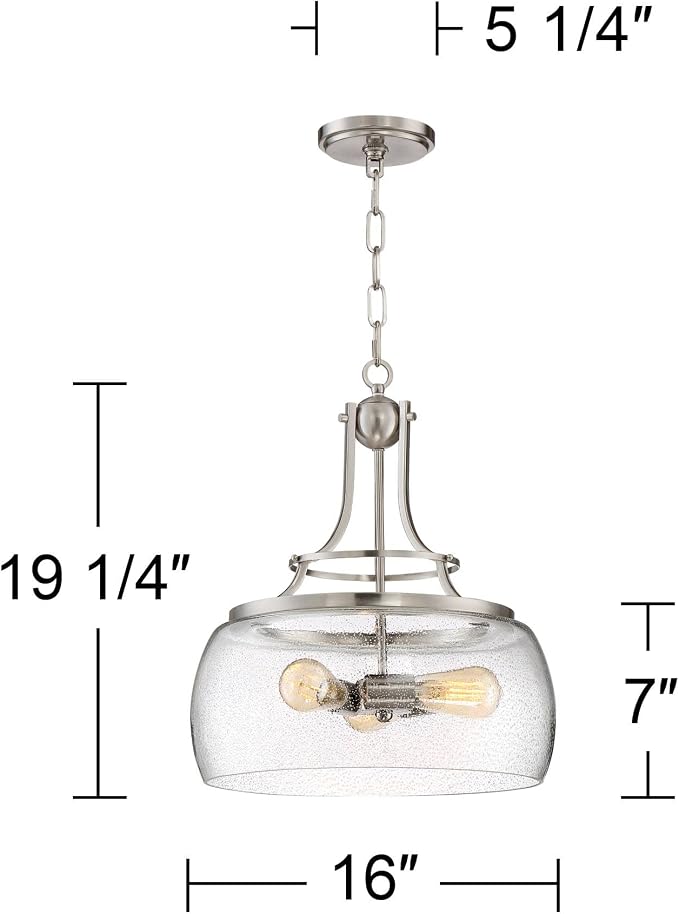 Charleston 16" Wide Satin Nickel 3-Light LED Pendant Light Light Fixture | Chandelier Rustic Farmhouse Seeded Clear Glass for Dining Room House Foyer Entryway Kitchen Bedroom Living