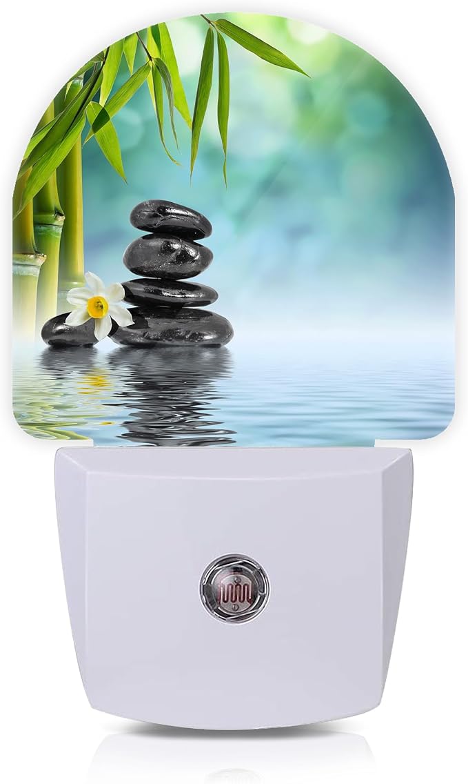 Zen Stone Bamboo Night Lights Plug into Wall for Girls Boys Room,Night Light LED Lamp Dusk to Dawn Sensor Round Lamp for Bedroom Bathroom Hallway Home Wall Decor