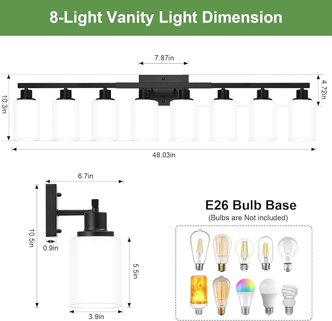MOKATNG 8-Light Bathroom Light Fixtures, Vanity Light with Milky White Shades, Matte Black Bathroom Light Fixtures Over Mirror, Modern Bathroom Wall Lamp for Mirror Living Room Cabinet Bedroom