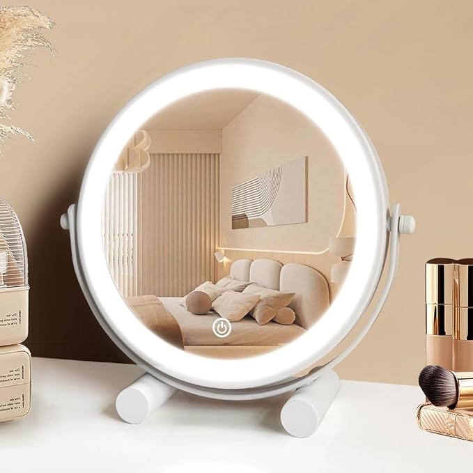 YEKKOPT Travel Vanity Mirror with Lights, 8" Small LED Makeup Mirror with Lights,360°Rotation Dimmable Portable Desk Round Mirror for Dressing Room & Bedroom,Folding Stand, White