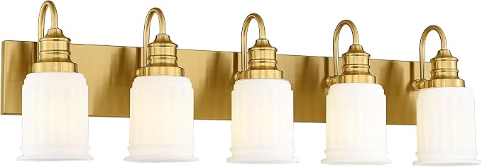 HWH INVESTMENT 5-Light Bathroom Vanity Light, Brushed Gold, 5HZG106B-5W BG | 33-Inch Hardwired Wall Light with Frosted Bell-Shaped Glass; 5 E26 Bulbs, Max 60W Each; Reversible Up or Down Mount