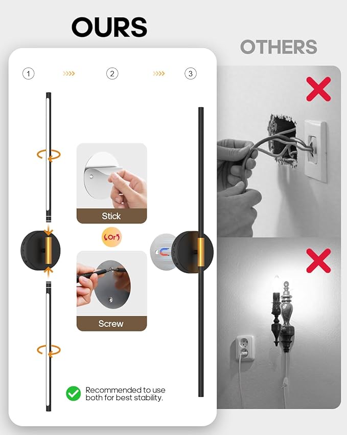 Battery Operated Wall Sconces Set of 2, 360° Rotatable Wall Sconce with Remote, 3000K Dimmable Magnetic Mount Wall Sconces, Rechargeable 28.3inch Wall Lights for Bedroom, Living Room, Dinning Room