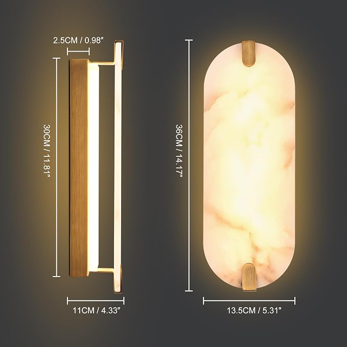 14.17in Alabaster Wall Sconces, Natural Marble Wall Light, Modern LED Alabaster Sconces for Living Room Indoor Wall Lamps for Dining Room Stairs Bedroom,Brushed Gold