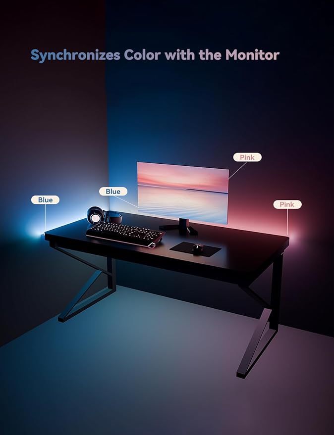 RGB Backlight for PC & Mac, LED Strip Light Sync with Screen Color or Music, Stick to The Edge of Your Desk, LEDs for Desk Gaming, USB Port, Software Control, 7.88ft / 2.4m