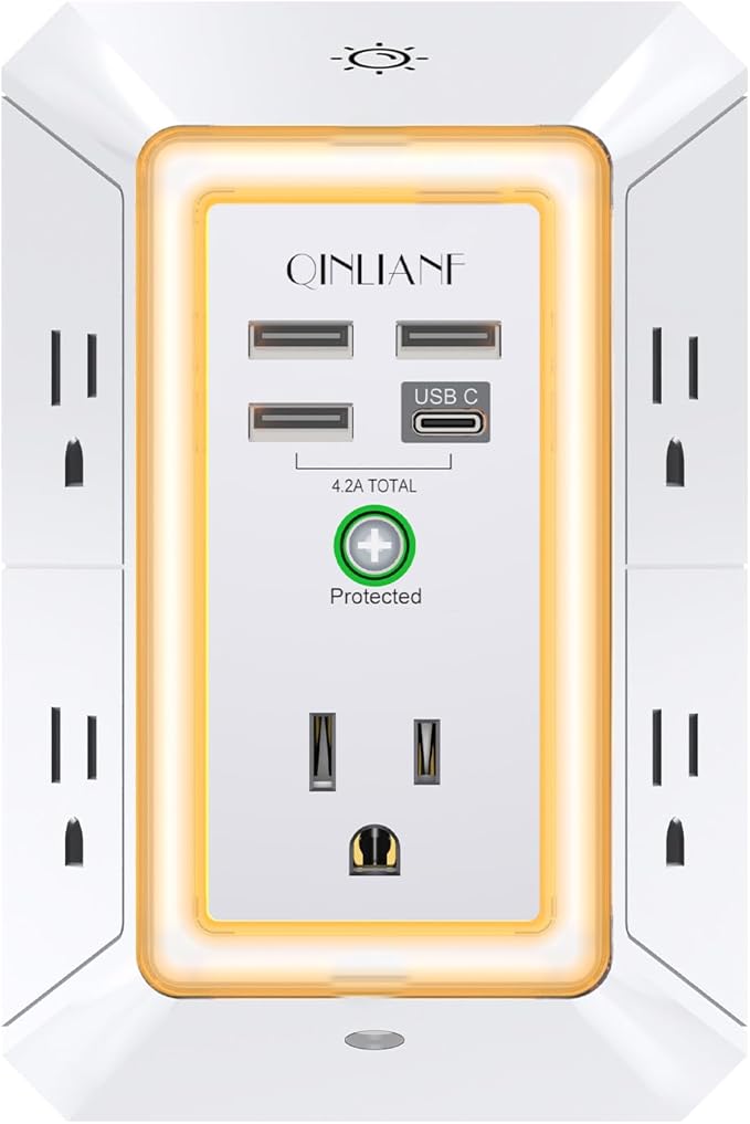 3-Sided Outlet Extender with Night Light - QINLIANF Multi Plug Outlet with 5 Outlets and 4 USB Ports(1 USB-C), USB Wall Charger for Home, Office, Travel, ETL Listed, White