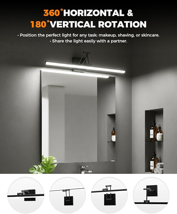 Black Bathroom Vanity Light Fixtures, Morden Vanity Lights with LED Lighting Bar, 5CCT&Dimmable Wall Sconce Lamp,16IN Rotatable Bathroom Light Fixture Over Small Mirror For Restroom Bedroom-ETL