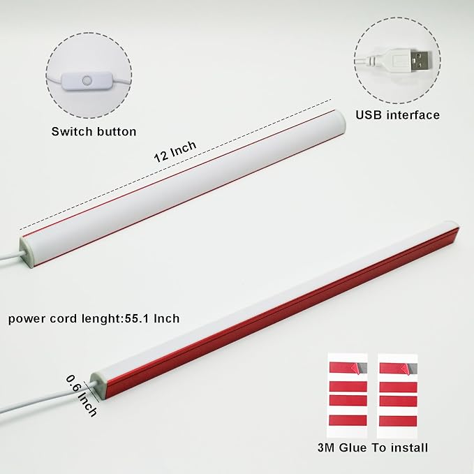 12 Inch 660nm Red Light Therapy LED Strip, USB 5V 2A Sleep Light Bar, Red LED Light for Bedroom, Monitor Backlight, TV Bias Lighting, Desk Ambient Night Light（2 Pack ）