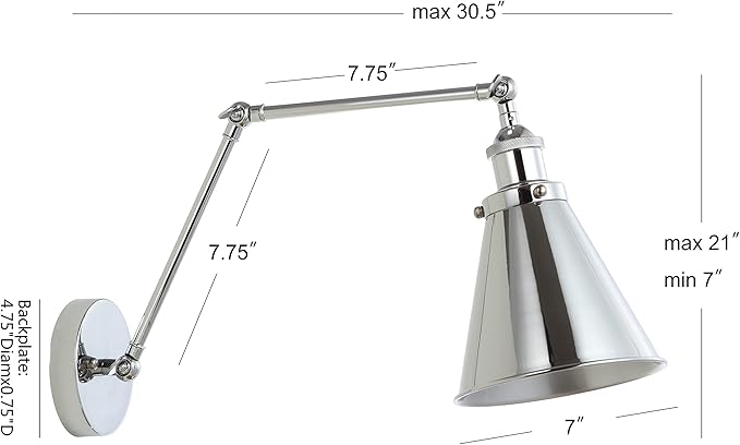 JONATHAN Y 7" Chrome Classic Industrial Metal Adjustable Arm LED Wall Sconce for Bedside Reading, Farmhouse Swing Arm Wall Lamp with Metal Shade, Hardwired (JYL7460A-SET2)