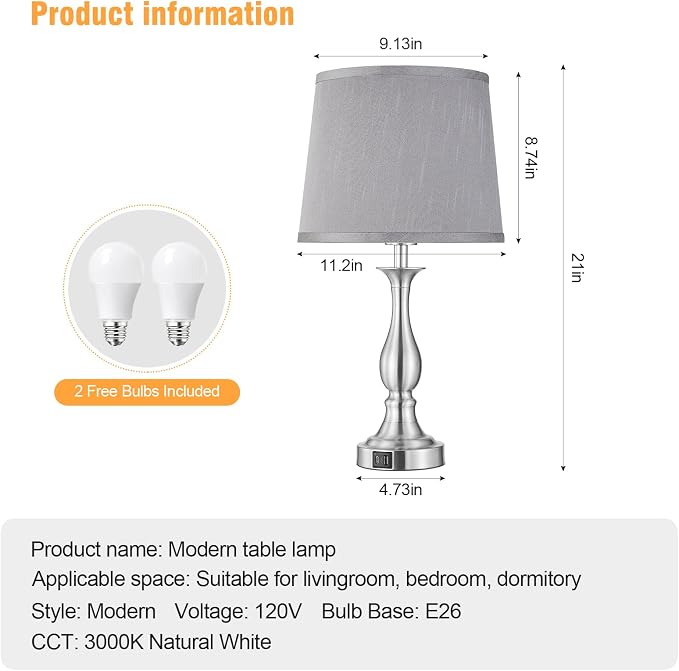 Bedside Table Lamp Touch Control Bedroom Lamps with USB A + C Charging Port 3 Way Dimmable Touch Lamps for Nightstand Living Room Bedroom Dorm Home Office Reading, Set of 2 (Grey Shade & Nickel Base)