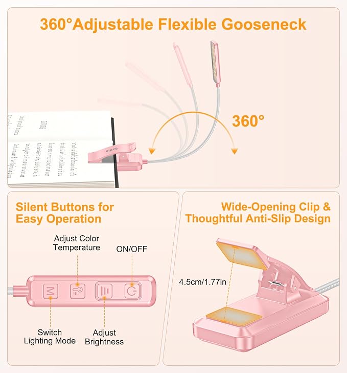 Gritin 2026 Gen 2 Book Light for Reading- 30 Eye Caring Full Spectrum LED | 5 Colors & 5 Brightness, Adjustable Wide/Narrow Beam, Upgrade 1500mAh Long-Lasting Rechargeable Clip on Light-Pink
