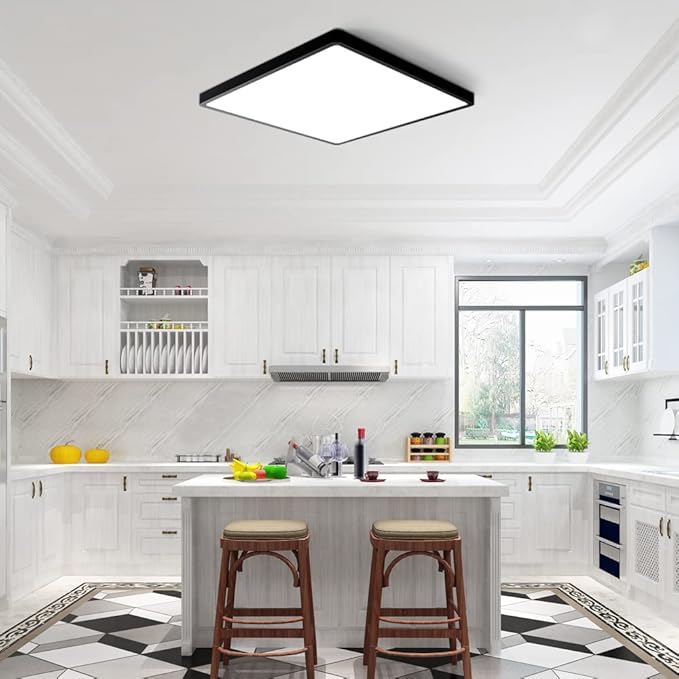 12inch 24W LED Flush Mount Ceiling Light, 6000K Square LED Ceiling Light, Black Flat Panel Lighting for Bedroom, Kitchen, Living Room